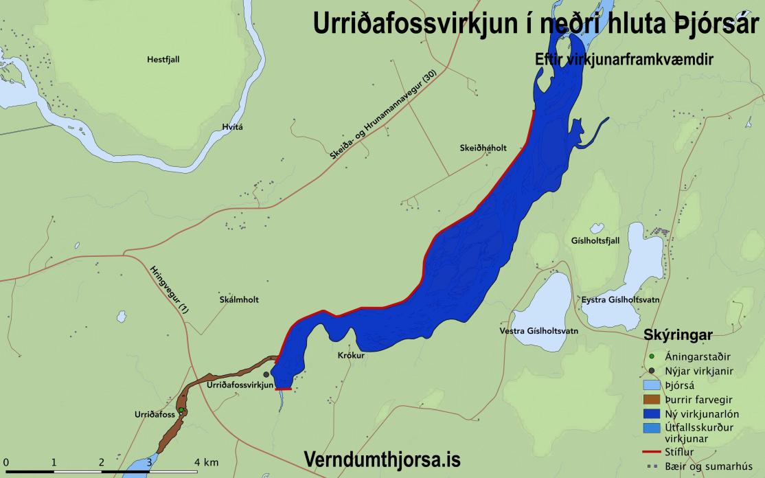 Fyrirhuguð Urriðafossvirkjun – Kort: verndumthjorsa.is