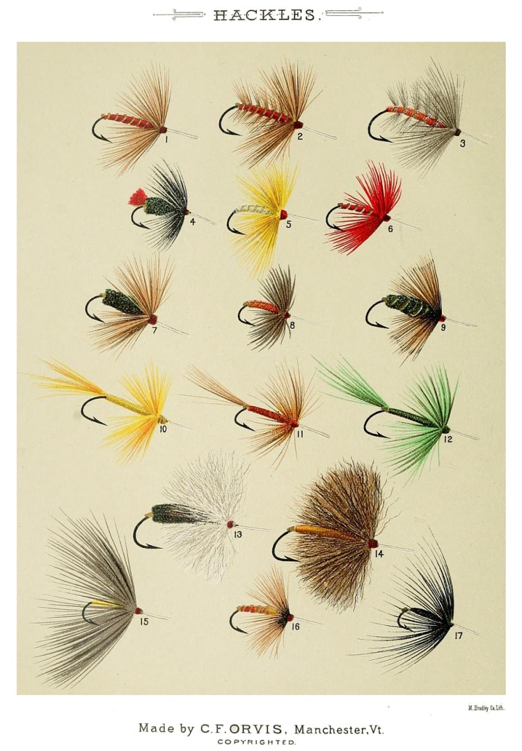 1. Red Hackle – 2. Soldier Palmer – 3. Ashy – 4. Zulu – 5. Yellow Hackle – 6. Scarlet Hackle – 7. Brown Hackle – 8. Grouse Hackle – 9. Coch-y-Bonddu Hackle – 10. Yellow Hackle – 11. Brown Pennell Hackle – 12. Green Pennell – 13. Deer-hair Hackle – 14. Deer-hair Hackle – 15. Crane-fly – 16. Epting Hackle – 17. Black Spider