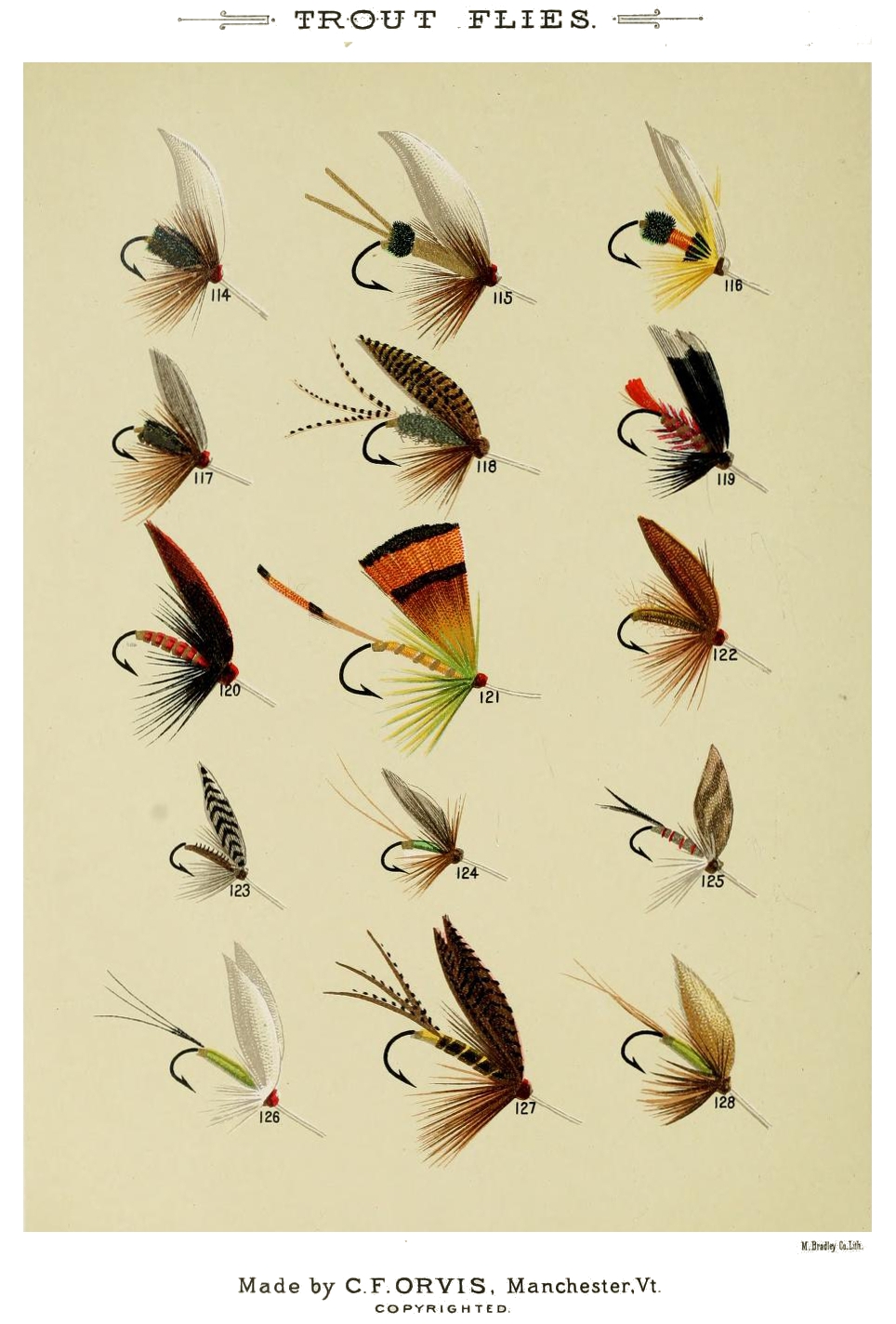 114. Coachman – 115. Gilt Coachman – 116. Orange Coachman – 117. Leadwing Coachman – 118. Carleton – 119. Carmen – 120. Claret – 121. Cahill – 122. Cow Dung – 123. Equinox Gnat – 124. Emerald Gnat – 125. Camlet Dun - 126. Deer Fly – 127. Dark Stone – 128. Dorset