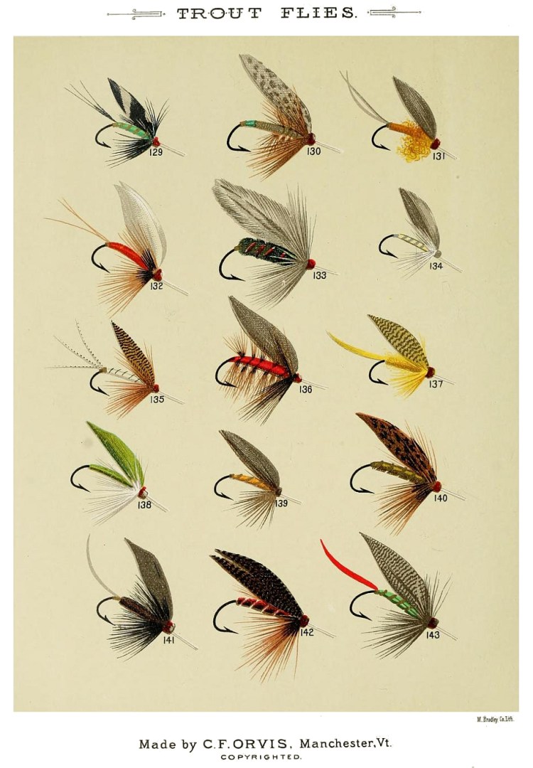 129. Ethel May – 130. Esmeralda – 131. Egg – 132. Fin Fly – 133. Francis Fly – 134. Fern – 135. Green Drake – 136. Furnace – 137. Gosling – 138. Golden-eyed Gauze Wing – 139. Golden Spinner – 140. Greenwell‘s Glory – 141. Great Dun – 142. Grayling Fly – 143. Grissly King