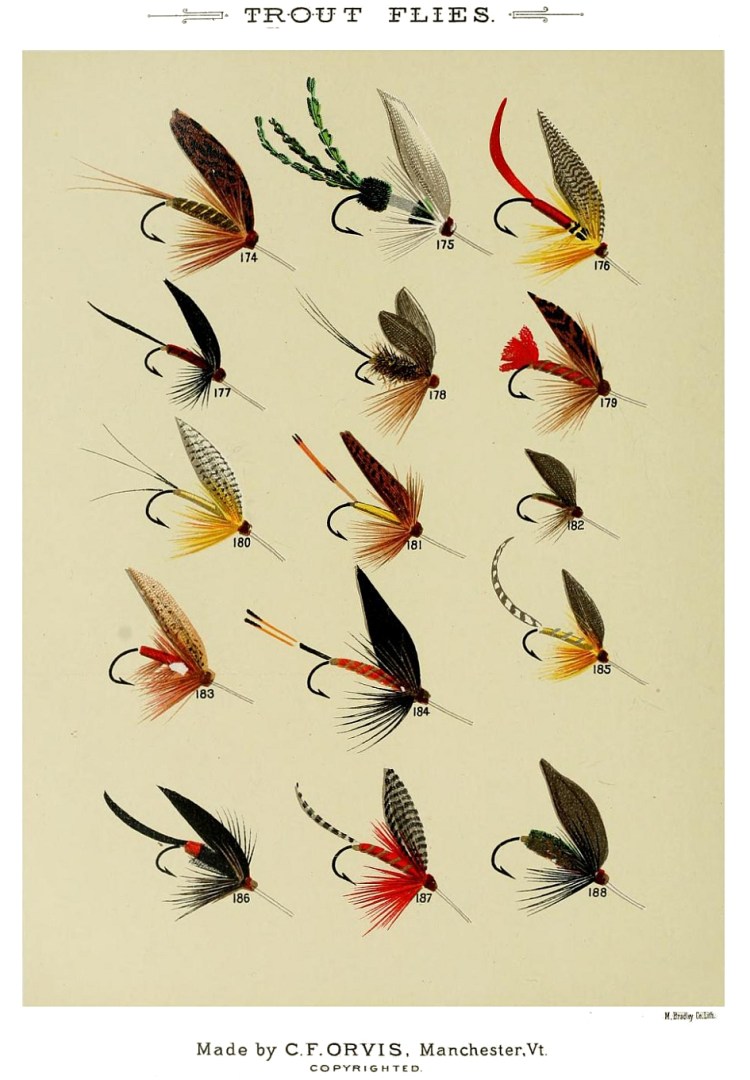 174. March Brown – 175. Lady of the Lake – 176. Maurice – 177. Morrison – 178. Morston‘s Fancy – 179. Montreal, old pattern – 180. Neversink – 181. Oak Fly – 182. Olive Gnat – 183. Orange Dun – 184. Orange Black – 185. Pale Evening Dun – 186. Prime Gnat – 187. Portland – 188. Peacock Fly