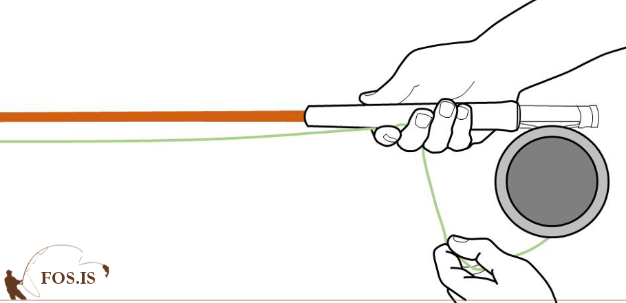 Línunni brugðið undir tvo fingur